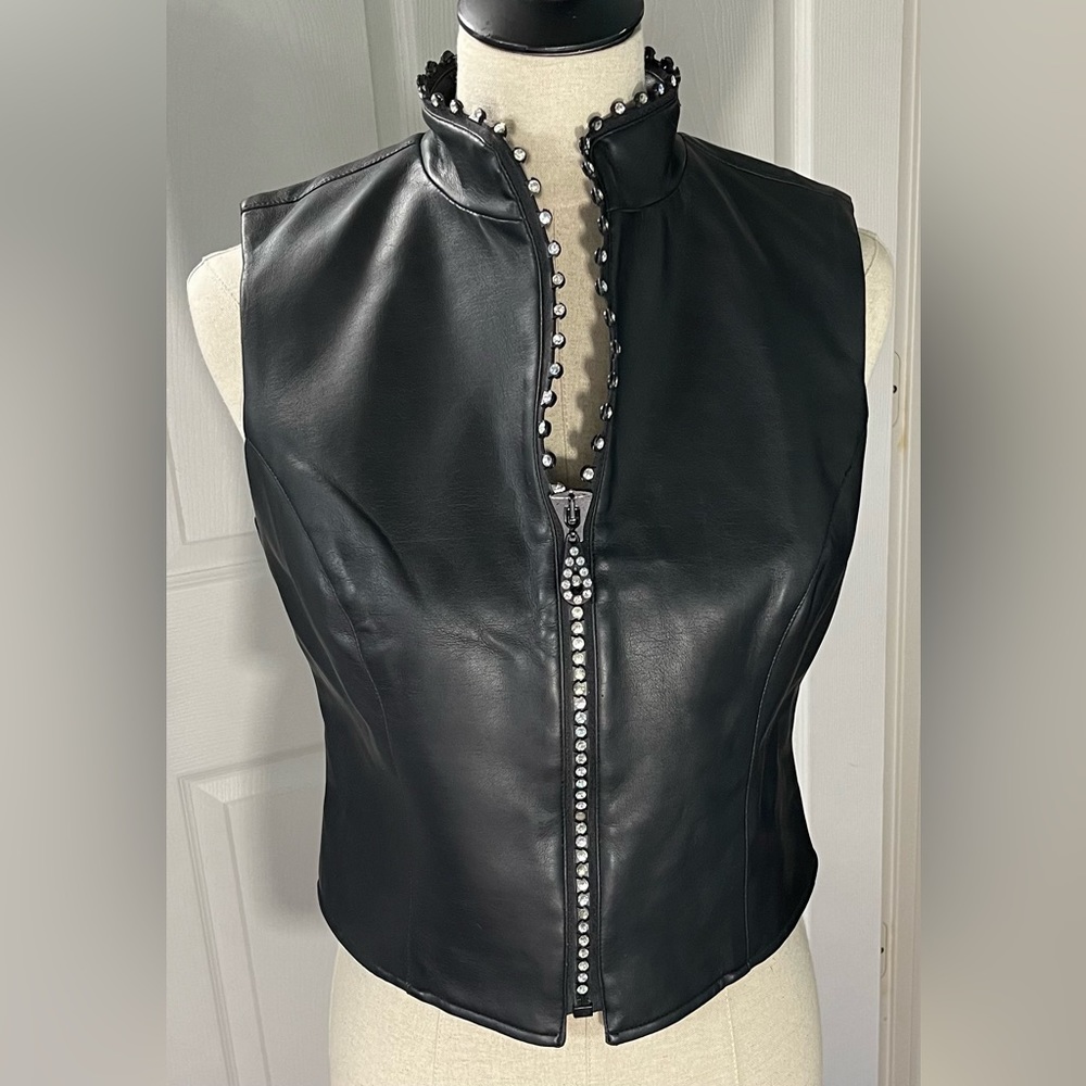 Womens Hobby Horse Black Faux Leather Jewel Studded Full Zip Vest Size Small